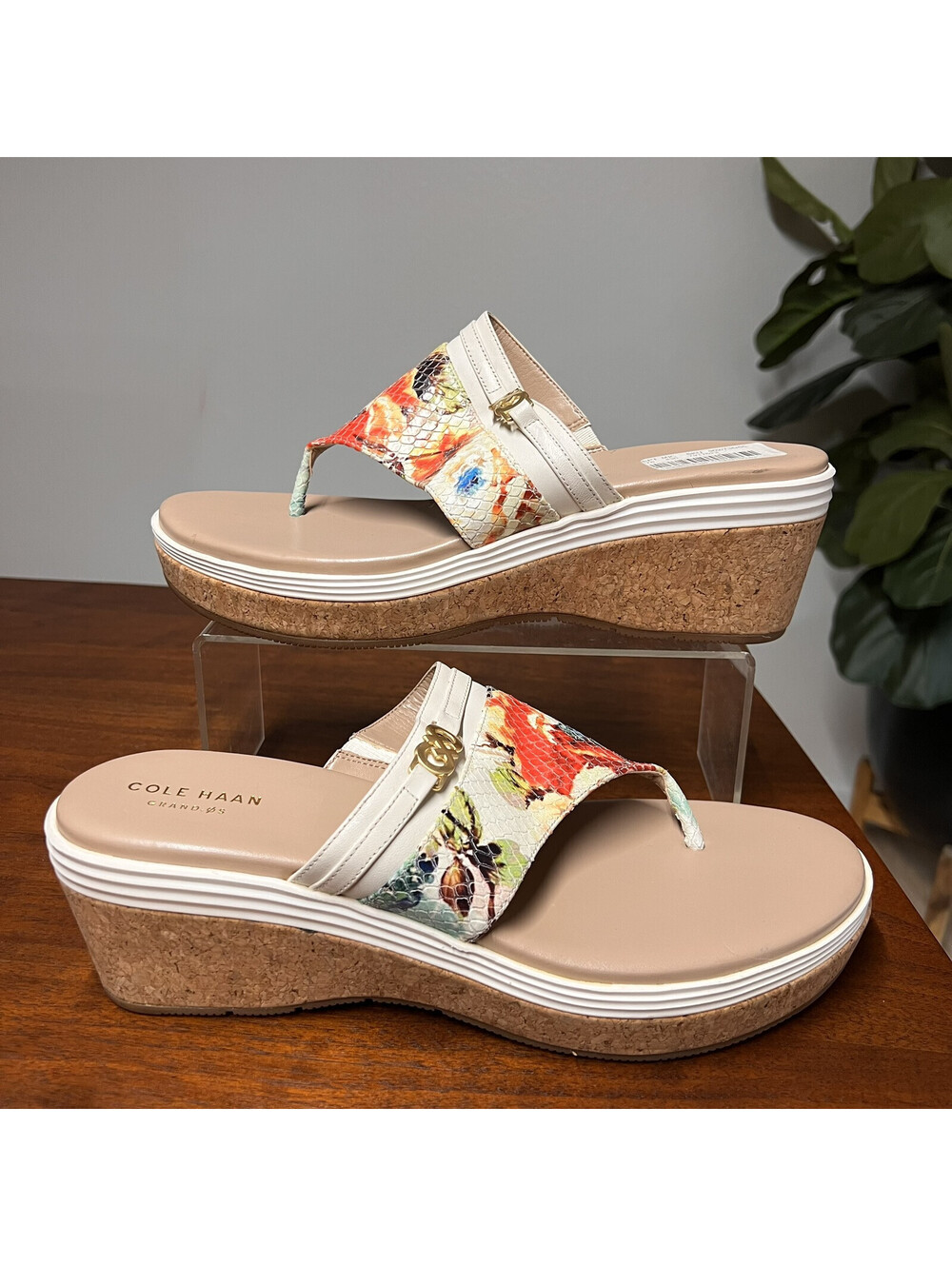 NEW Cole Haan 10B Wedge Platform Sandals Womens Thong Floral Snake Print NWT